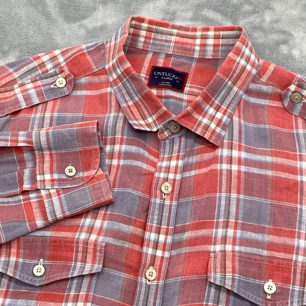 UNTUCKit Castiglioni Mens XL Red Blue Plaid 100% Linen Button Up Epaulets Shirt